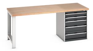 Bott Cubio Pedestal Bench with MPX Top & 5 Drawers - 2000mm Wide  x 900mm Deep x 840mm High. Workbench consists of the following components for easy self assembly:... 840mm High Benches